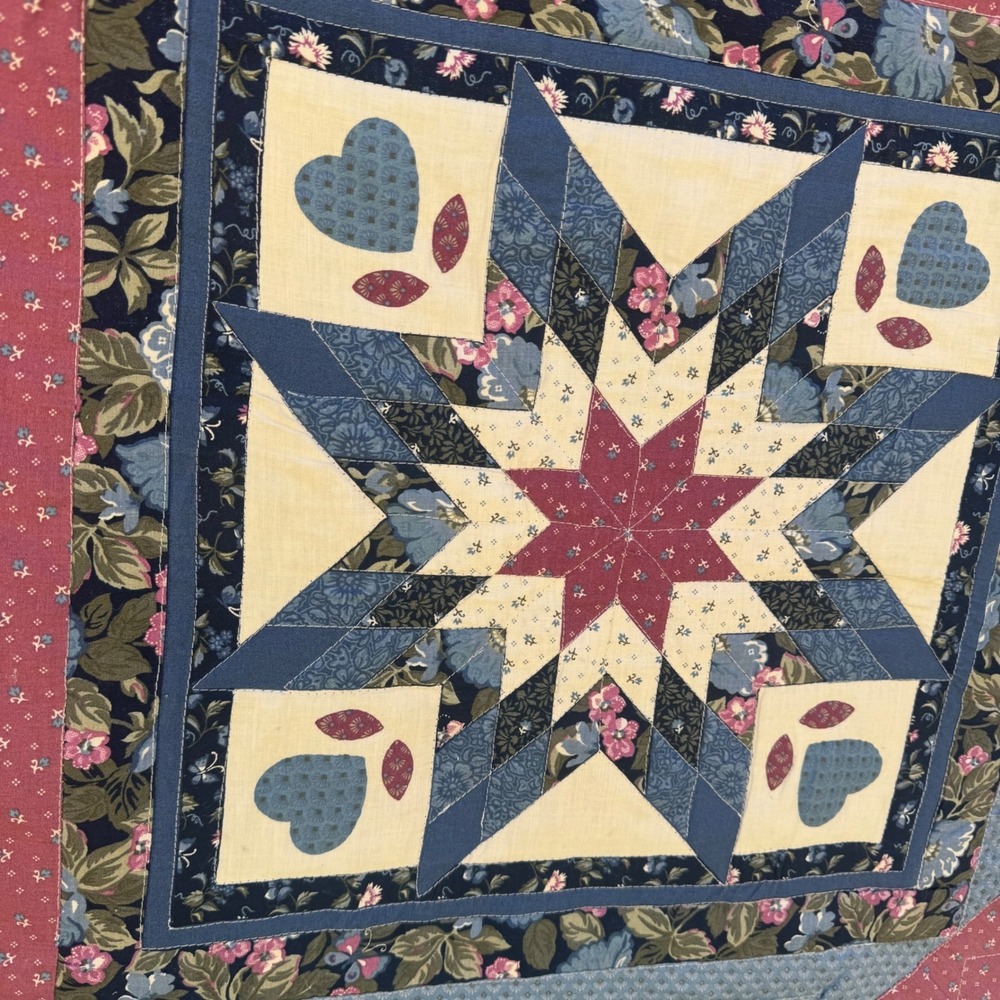 Handmade Vintage Quilt Queen Blue Red Lone Star Heart Floral Patchwork 82x102" - Picture 2 of 16